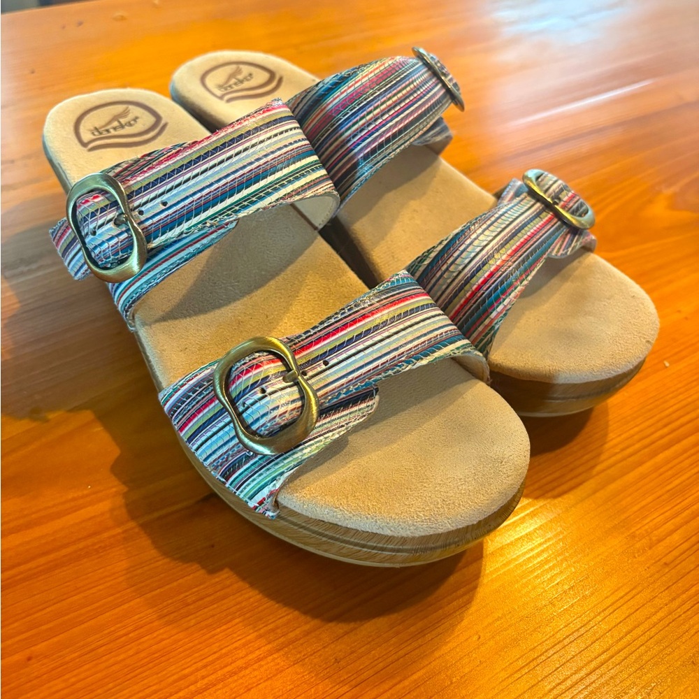 Dansko Sophie Rainbow Striped Sandals Slide Wedge Buckle Womens Size 39 US 8.5